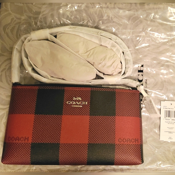 COACH ZIP TOP CROSSBODY WITH BUFFALO PLAID PRINT RED & BLACK - Picture 4 of 4